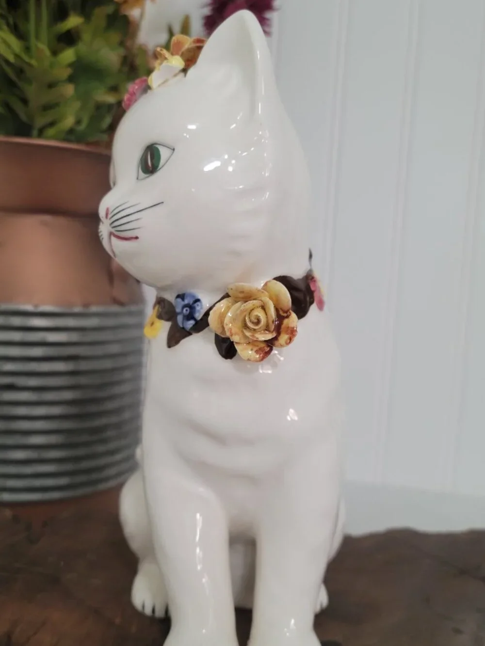 Vtg Retro Kitschy MCM Cottagecore White Ceramic Cat Kitten 3D Floral Planter